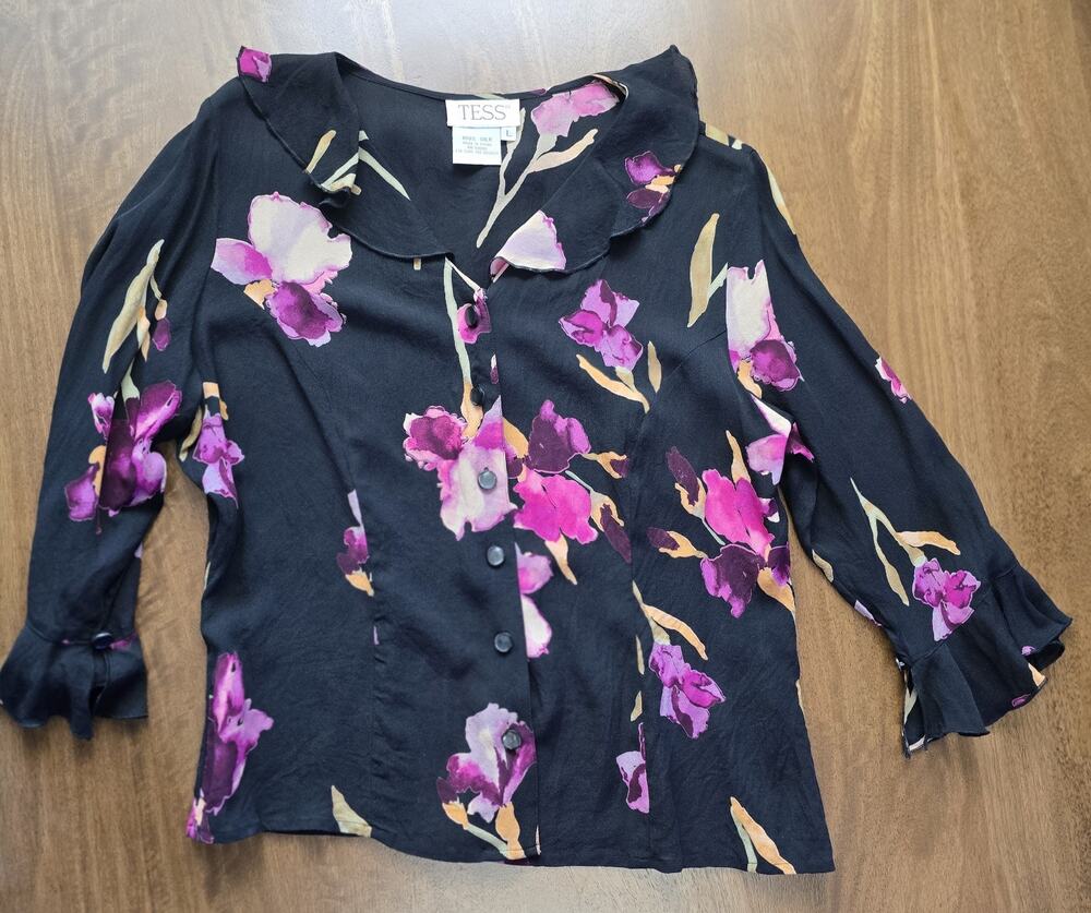 Vtg Tess Silk Floral Blouse Womens L Black Pink Watercolor Ruffle Shirt 90s Y2K
